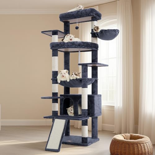 Heybly Tall Cat Tree for Large Cat, 80-inch Multi-Level Cat Tower for Indoor Cats with Large Baseboard, Condo Furniture with 2 Widened Plush Perches,Scratching Board and Big Caves, Smoky Gray HCT038G