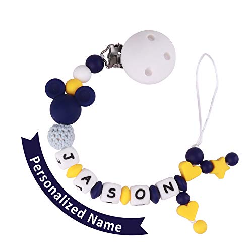 Pacifier Clip Personalized Name, MCGMITT Customized Binky Holder Teething Silicone Beads Toys for Baby Girls Boys Toddler (Dark Blue)