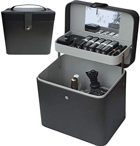 Pearpark Elegant Beautiful Cosmetic Box Makeup Box Stylish Cute Two Tier Storage Case Large Capacity Cosmetic Accessory Storage Makeup Tool with Mirror Makeup Brush Case Cosmetic Storage Makeup Tool (Black)