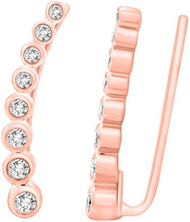 1/4 cttw Solid 14K Gold Round Cut White Bezel-set Diamond Ladies Journey Curved Climber Earrings (rose-gold)