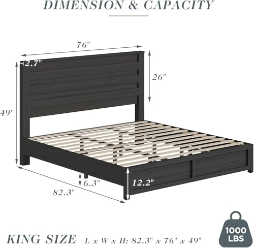 Jocisland King Size Farmhouse Bed Frame with 49" Headboard, Platform Bed Frame with Wood Slats Support/No Box Spring Needed/Easy Assembly, Black