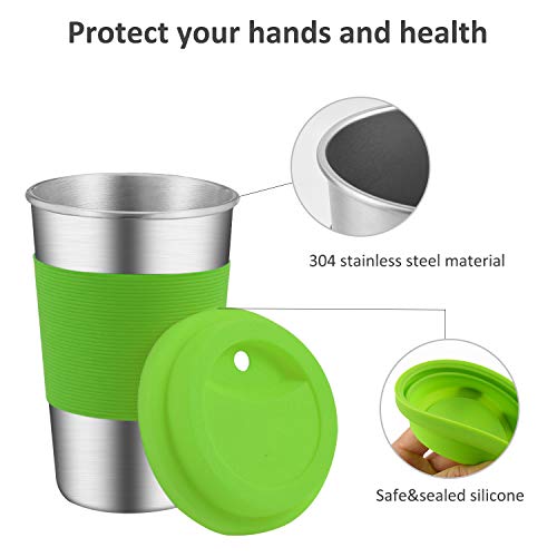 Stainless Steel Cups, Supkiir Metal Drinking Tumblers with Silicone Lids&Sleeves, Unbreakable Light Drinking Cups For Kids/Adults, Set of 5 Metal Cups for Coffee Beer Milk Wine -BPA Free