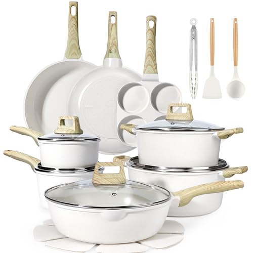GiPP Ceramic Coating Pots and Pans Set Non Stick - 22Pcs Nonstick Cookware Set, Non-toxic Healthy Kitchen Cooking Set w/Frying Pans Set, Dishwasher Safe, PFAS PTFE PFOA PFOS Free (White)