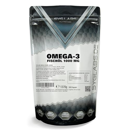 Syglabs Omega 3 Fischöl 1000mg - 1000 Kapseln - mit 2000mg pro Tagesdosis - enthält 360 mg EPA & 240mg DHA - hochwertige Omega-3 Fettsäuren - laborgep