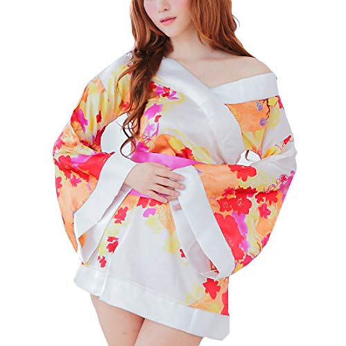 Women's Sexy Japanese Kimono Cosplay Costume Floral Lingerie Robe Sleepwear Dress White