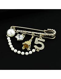 Mamfous Vintage Corona Número 5 Torre Eiffel Perla Simulado Perla Lapel Pins Rhinestone Aleación Broche para Mujer