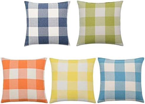 goodsaleK Pack of 5, Classic Retro Checkers Plaids Cotton Linen Soft Soild Decorative Square Throw Pillow Covers Home Decor Design Set Cushion Case for Sofa Bedroom Car 18 x 18 Inch 45 x 45 cm