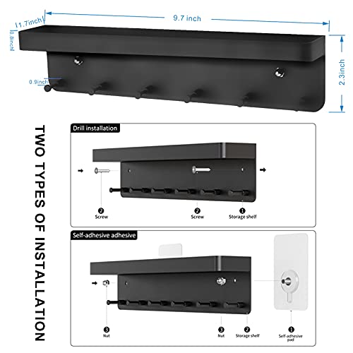Key Holder Mail Organizer Wall Mount with 6 Key Hooks Small Shelf with 2pcs Adhesive Hooks for Entryway, Storage, Living Room, Hallway, Kitchen Office Letter