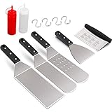 Leonyo Griddle Accessories Set of 7, Stainless Steel Griddle Metal Spatula Scraper Turner for Flat Top Grill Pan BBQ, Riveted Handle, Dishwasher Safe, 4 x S Hooks