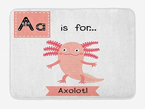 Axolotl Bath Mat, Learning Alphabet Vocabulary Theme for Kids ABC Education A is for Axolotl, Plush Bathroom Decor Mat with Non Slip Backing, 23.6 W X 15.7 W Inches, Coral Black White
