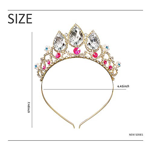 Princess Tiaras for Girls Rapunzel Crown Tiara Headband Pearl Rhinestone Birthday Girl Colored Crystal Wedding Flower Party Prom Cosplay Kids Hair Accessories, Gold + Clear Ruby, Pink, 4.33*7.39