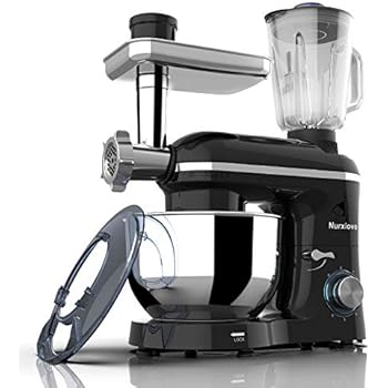 Nurxiovo Stand Mixer 850W 6 Speed Tilt-Head Kitchen Mixer with 7QT Mixer with Stainless Steel Bowl,Dough Hook Whisk Beater,Multifunction 3 in 1 Standing Mixers, Meat Blender and Juice Extracter Black