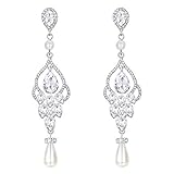 EVER FAITH Women's Crystal Simulated Pearl Bridal Vintage Chandelier Teardrop Earrings Clear Silver-Tone