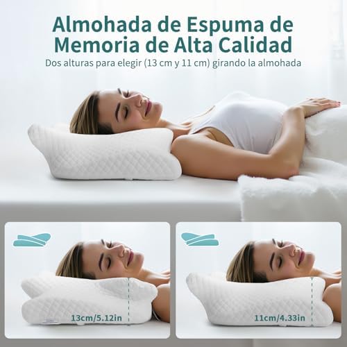 Almofada cervical e cervical, almofada cervical de espuma viscoelástica, almofadas anti-ronco para dormir de lado, costas e abdómen, 60x36x11/13cm, branca