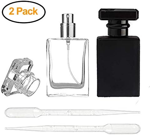 2 Pack - 30ML Flint Glass Refillable Perfume Bottle +2 Pack - 3ML Transparent Dropper, Square Portable Cologne Atomizer Empty Bottle with Spray Applicator For Travel (Transparent and Black)
