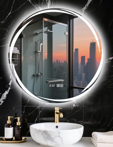 SAGIWO Espejo para Baño con Luz Led 70 * 70 cm, Espejo Inteligente Antivaho Redondo, con Luz Ajustable en 3 Colores, Función de Hora, Instalación Vertical/Horizontal