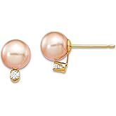 14k Solid Yellow Gold Round Pink Freshwater Cultured Pearl Diamond Post Earrings Stud Earring for Women in