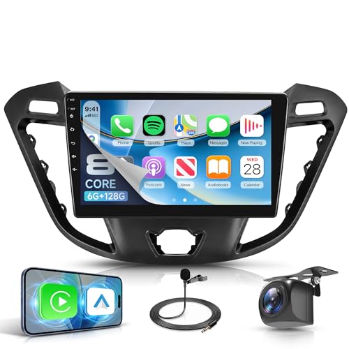 6G+128G 8 Cœurs Autoradio Android pour Ford Transit Custom Tourneo 2013-2018(avec écran), 9'' Carplay Android Auto sans Fil FM/RDS/EQ/DSP WiFi GPS Panoramique 360° Commandes au Volant Caméra Recul