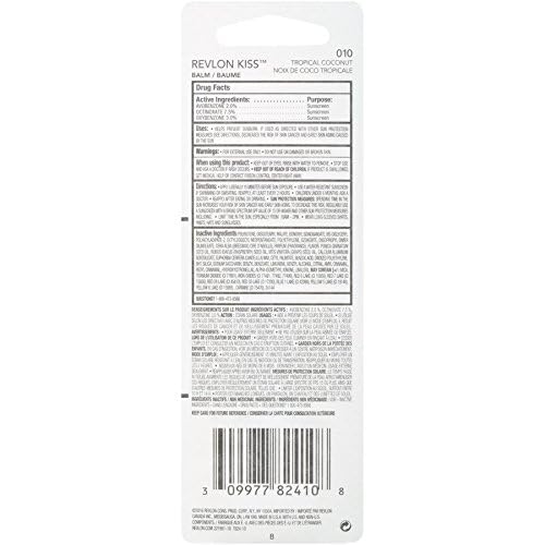 REVLON KISS TINTED LIP BALM WITH SPF 20, HYDRATING, FLAVORED, INFUSED WITH NATURAL FRUIT OILS, 010 TROPICAL COCONUT, 0.09 OZ
