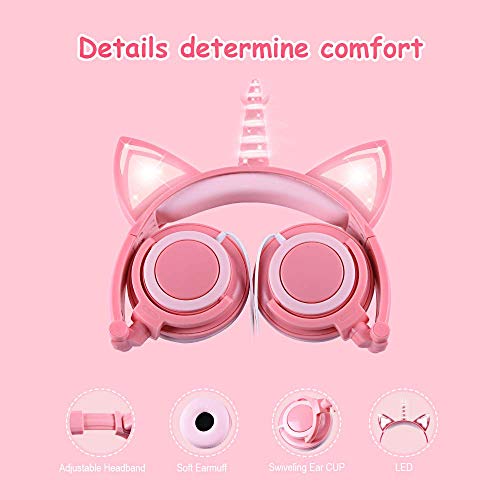 LOBKIN Cuffie unicorno per bambini/ragazze, orecchie di gatto luminose con LED, cuffie cablate regolabili con volume 85dB per tablet/giocattoli/PC/TV/telefono (rosa)
