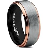 King Will Duo Mens 8mm Brushed Finish Tungsten Carbide Ring 18K Rose Gold Plated Comfort Fit Wedding Band Black Inside