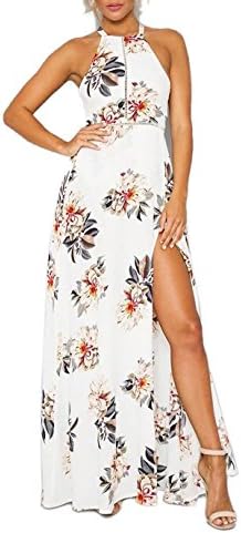 Siyinfushi Summer Women Floral Print Halter Sleeveless Split Beach Maxi Dress (L, 001-Bai)