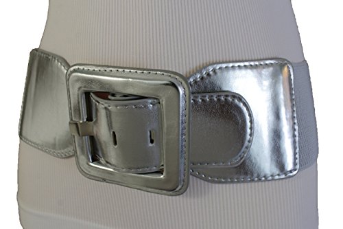 TFJ Women Fashion Belt Hip High Waist Wide Elastic Waistband Square Buckle M L Silver