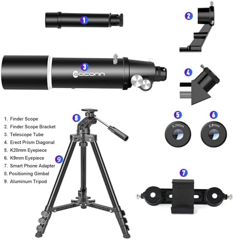 Télescope d'astronomie pour Adultes, Ouverture 80 mm, Ouverture 600 mm, télescope de Voyage Portable pour débutants et Enfants avec trépied Adaptateur de téléphone Sac à Dos