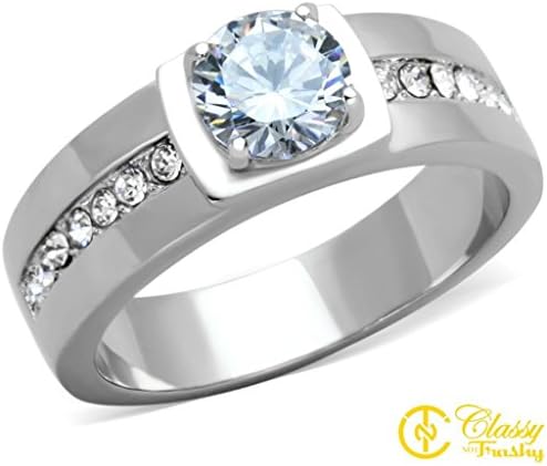 Classy Not Trashy Women's Fashion Jewelry Ring, Premium Grade Stainless Steel Clear Cubic Zirconia CZ Jeweled Band Round Cut Ring Size 8