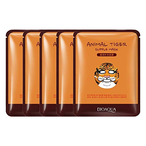 Natural Moisturizing Face Mask Sheet Enriched with Natural Serum for Radiant and Nourished Skin. Spa At Home Facial with Fun Animal Characters - (Supple Mask - Tiger - 5 Pack)