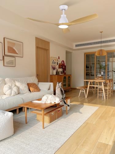 Newday Wooden Ceiling Fan with 3 Blades, 132 cm Ceiling Fan with Light and Silent Remote Control, Reversible DC Motor, Dimmable LED, Sleep Mode, Timer for Living Room