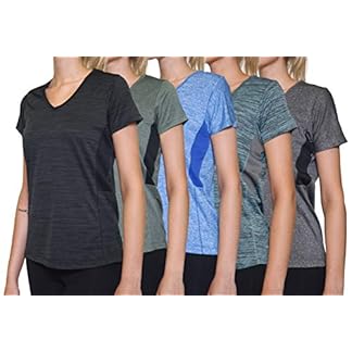 5-Pack Women's Short Sleeve V-Neck Activewear T-Shirt Dry-Fit Moisture Wicking Perfomance Yoga Top (Available in Plus Size)