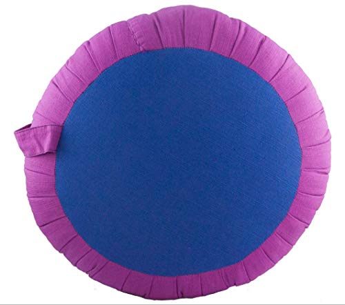 Zafuko Round Meditation Cushion (Zafu) for Yoga, Pranayama (Breathwork), Floor Support with Handle for Travel, Home Décor, Made of Organic Kapok - Fuchsia/Dark Blue
