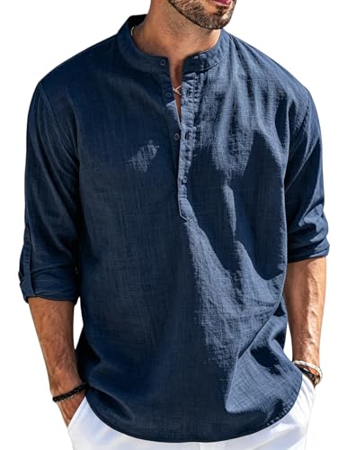 Cegerne Men's Linen Shirt Long Sleeve Shirt Summer Lightweight Breathable Henley Casual for Vacation Beach