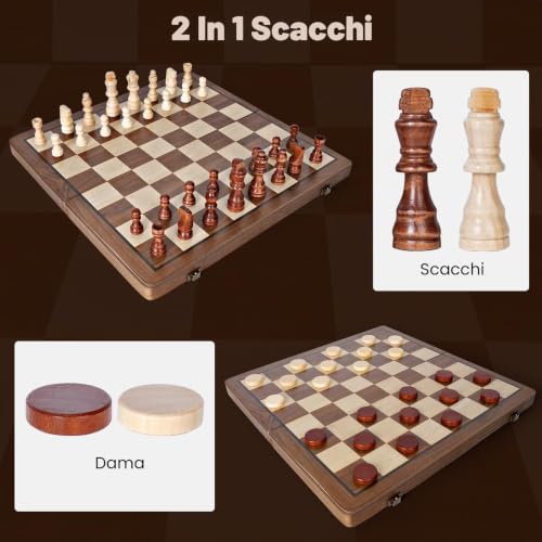 Wooden Chess Board, 2 in 1 Magnetic Chess Board, 39 x 39 cm, Professional Folding Portable Chess Board and Magnetic Checkerboard with Storage Bag, Checkers for Children and Adults Parties