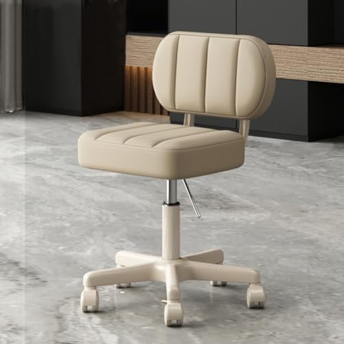 MOZOGOT PU Leather Rolling Stool with Back Rest Height Adjustable, Work Salon Drafting Swivel Task Chair with Wheels for Office Home 300lbs (Beige)
