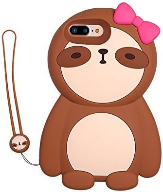 Soft Silicone Brown Sloth Case with Hand Strap for Apple iPhone 7Plus / 8Plus 3D Cartoon Pink Bow Ultra Thick Shock Proof Shockproof Protective Protection Cool Cute Lovely Gift Kids Teens Girls