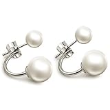 HITOP Fashion Jewelry 925 Sterling Silver Double Faux Pearls Two Sided Balls Hoop Stud Earrings (White)