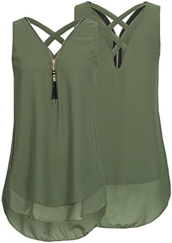 Women Loose Sleeveless Bandages Tank Top Cross Back Hem Layed Zipper V-Neck T Shirts Tops