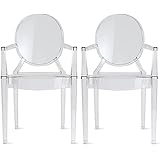 2xhome Set of 2 Clear Louis Ghost Dining Armchairs Polycarbonate Designer Acrylic Transparent Crystal Chair with Arms Glass M