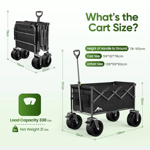 Festival Trolley, 300L Folding Beach Trolley Cart with Adjustable Tailgate, 360° Wheels and Brake Load up 150KG, Adjustable Handle Cover Bag, All-Terrain Wagon or Beach Camping Garden