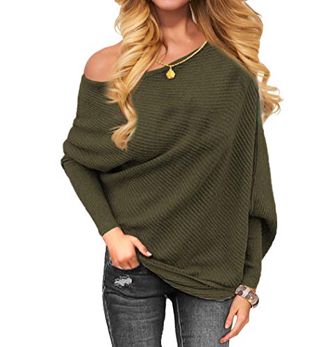 VOIANLIMO Women's Off Shoulder Knit Jumper Long Sleeve Pullover Baggy Solid Sweater (Large, Dark Olive)