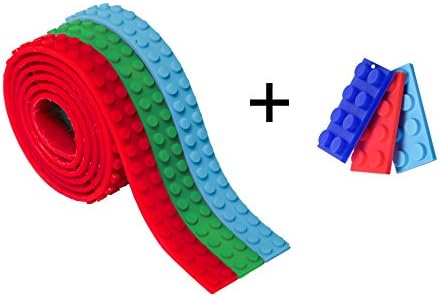 (3 Pack) Self-Adhesive Lego Tape for Building Blocks, Easy Cutting Roll Strips, Nimuno Loops Compatible, 9 Feet 3 Meter Total - BONUS Silicone Lego Keychain Pieces Included