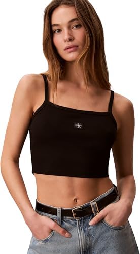 Camiseta de Tirantes Mujer Woven Label Rib Cropped, Negro (Black), M