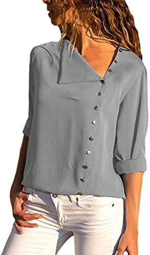 Jeazi Womens Long Sleeve Button Detail Loose Fitting Chiffon Casual Blouse Solid Tops