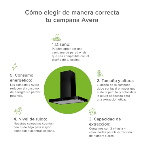AVERA Campana para cocina de Isla 90 cm Tipo T, Acero Inoxidable, 3 Velocidades, Filtros metálico lavable y Filtro de carbón activado, Extrae y purifica, Control por botones | CEN90B