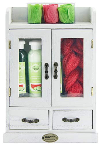 BRUBAKER Cosmetics 10-Piece Bath and Body Gift Set – Watermelon & Cucumber – Spa Gift in Wooden Cabinet – Vintage White