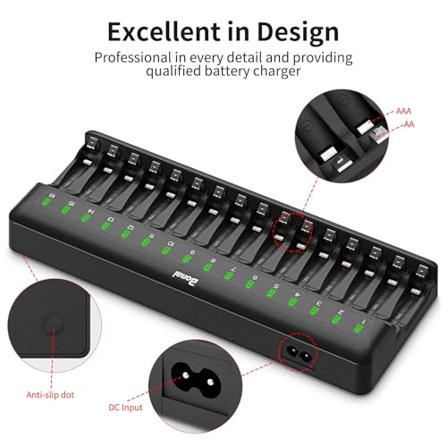 BONAI 16-Slot Battery Charger for AA AAA Batteries, Intelligent Charger for NI-MH Rechargeable Batteries, Professional Charging Station for Batteries of Controllers, Toys, Smart Home Devices