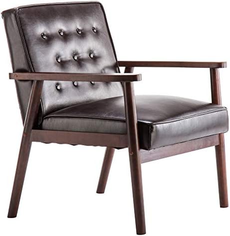 PANFREY Mid-Century Retro Lounge Chair Modern Living Room Chair Faux Leather Upholstered Armchair Solid Wood Lounge Chair Sofa Studio Apartment Accent Chair Brown