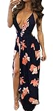 Bigyonger Women's Sexy Backless Halter Neck Vintage Floral Print Maxi Dress